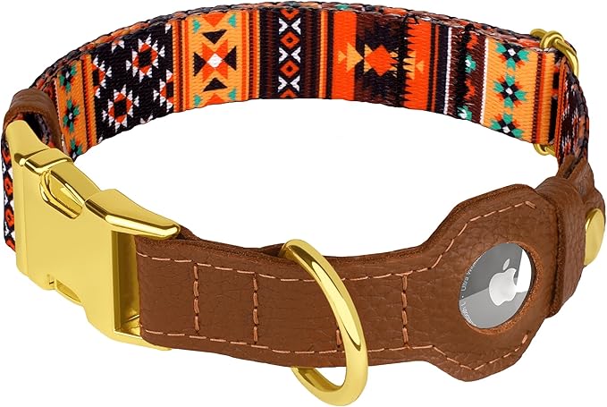AirTag Dog Collar for Small Medium Large Breed - Adjustable Cute Pattern Dog Collar with Airtag Holder - Soft Leather Tracker GPS Apple Air Tag Pet Collars (Small, 12"-15" Neck Fit, Western)