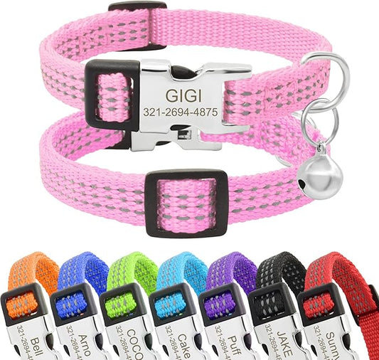 Personalized Reflective Nylon Cat Collar with Name Phone,Custom Engraved Buckle Cat Collar with Bell,Adjustable for Small Dogs Puppy Kitten (Pink,fit 7.5''-12.0'')