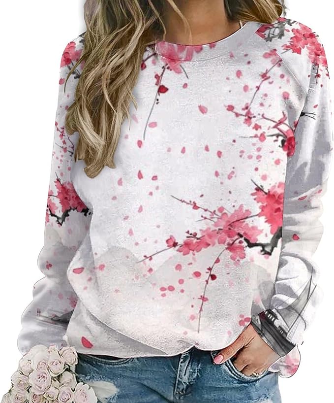 Womens Long Sleeve Tops Y2k Japanese Art Print Sweatshirts Fall Pullover for Women Crewneck Vintage Shirts Boho Tops
