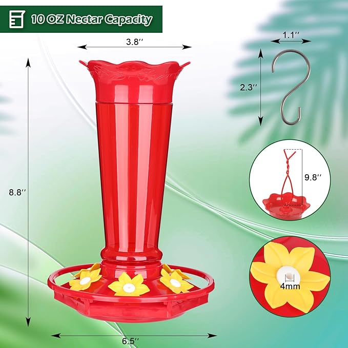 FEED GARDEN 10oz Plastic Hummingbird Feeders for Outdoors - 1 Pack Red, Ant & Bee Proof, 6 Feeding Ports, Easy Clean Red Nectar Feeders for Outside Hanging, Gifts for Mom