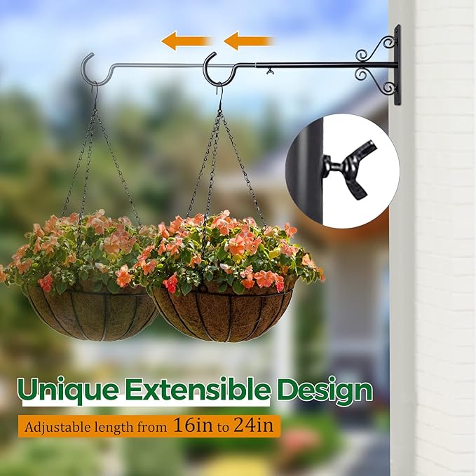 BOLITE Bird Feeder Hanger(16 to 24 Inch), Adjustable Hanging Plant Brackets, Wall Hooks for Hanging Bird Feeders, Planters, Lanterns, Wind Chimes, String Lights, 2 Pack, Black