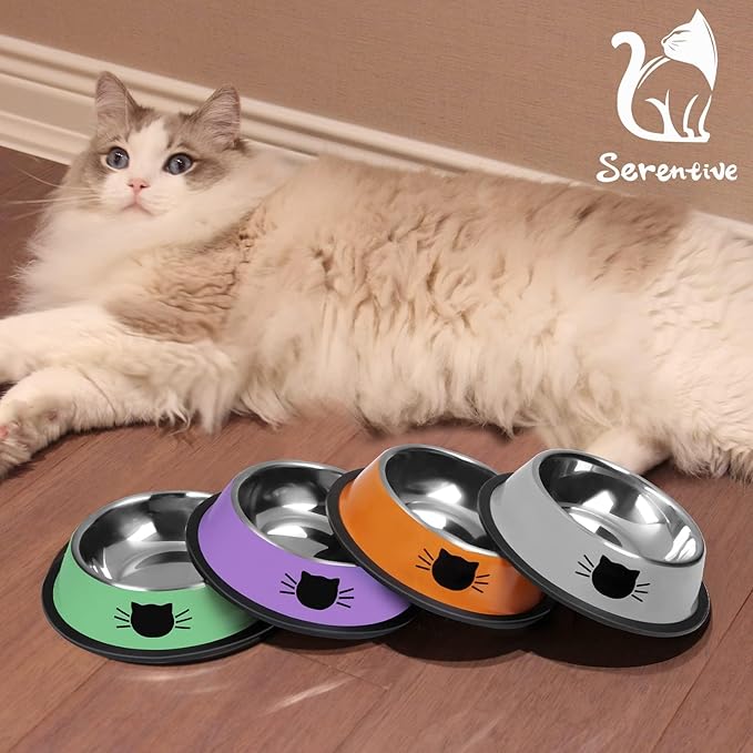 2 Pcs Non-Slip Stainless Steel Small Cat Food Bowls - Unbreakable, 7 Oz, Removable Rubber Base, Easy to Clean, Lovely Color