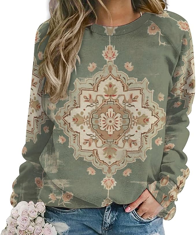 Womens Long Sleeve Tops Y2k Japanese Art Print Sweatshirts Fall Pullover for Women Crewneck Vintage Shirts Boho Tops