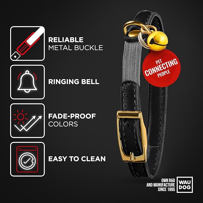 WAUDOG Ultra Soft Rolled Leather Cat Collar with Removable Bell, Safety Elastic Strap and QR ID Tag - Soft Padded for Small, Medium, and Large Cats - Round Kitten Collar for Male and Female Cats