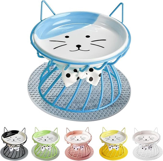 Raised Cat Food Bowl - Elevated Feeder Stand with Shallow Ceramic Dish, Whisker-Friendly No-Spill Water Bowl