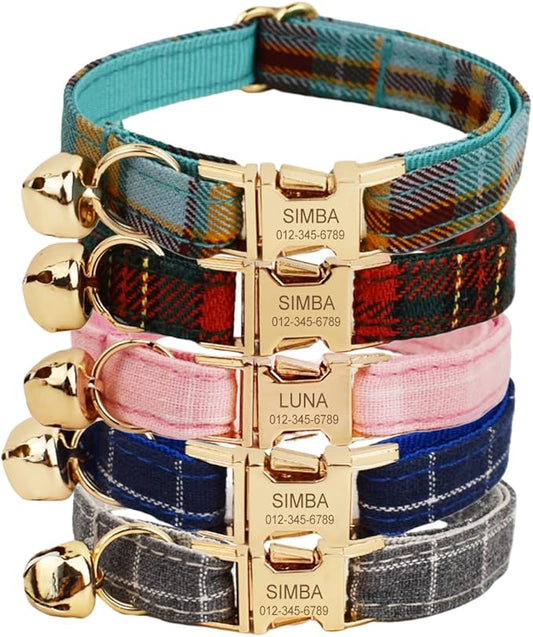 Personalized Cat Collar with Engraved Name and Phone Number - Customizable Kitten Collars for Boys and Girls (Plaid)
