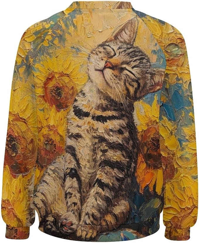 Long Sleeve Shirts for Women Cat Oil Painting Shirt 3D Graphic Sweatshirts Fall Pullover Crewneck Vintage Boho Tops