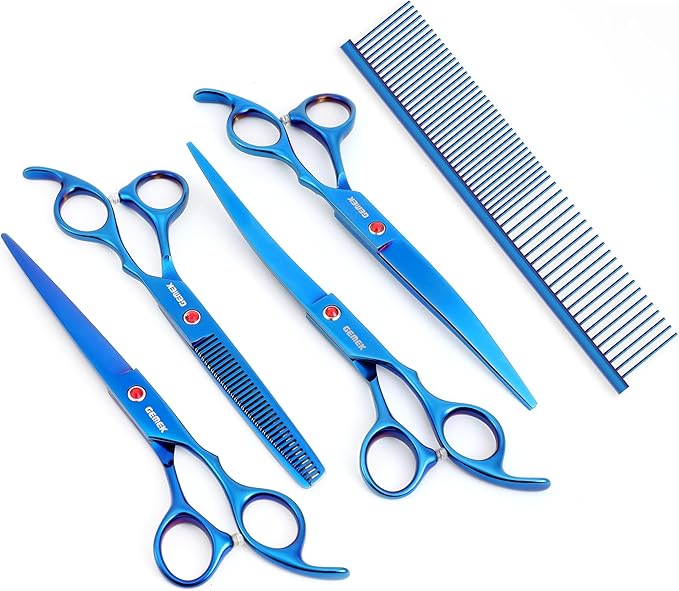 7.0in Titanium Professional Pet Grooming Scissors Set, GEMEK 6 in 1 Straight & Thinning & Upwards Curved & Downwards Curved Scissors & Comb for Dogs, Cats (Blue)