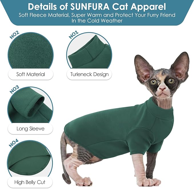 SUNFURA Turtleneck Sweater for Cat, Sphynx Hairless Cats Shirt Sweaters with Sleeves, Warm and Soft Kitten Pullover Fleece Winter Pajamas Jumpsuit for Puppy, Green S