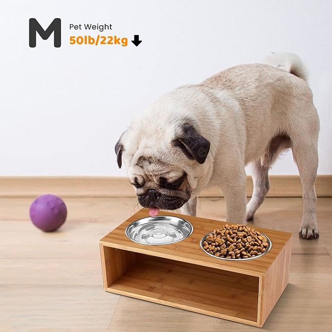 Flexzion Elevated Dog Bowl Stand Raised Dog Bowl Holder Pet Feeding Station Dish Riser 14 Oz 4.7-Inch Tall Food and Water Platform Stainless Steel Raised Food Bowl for Dogs and Cats with Wooden Stand