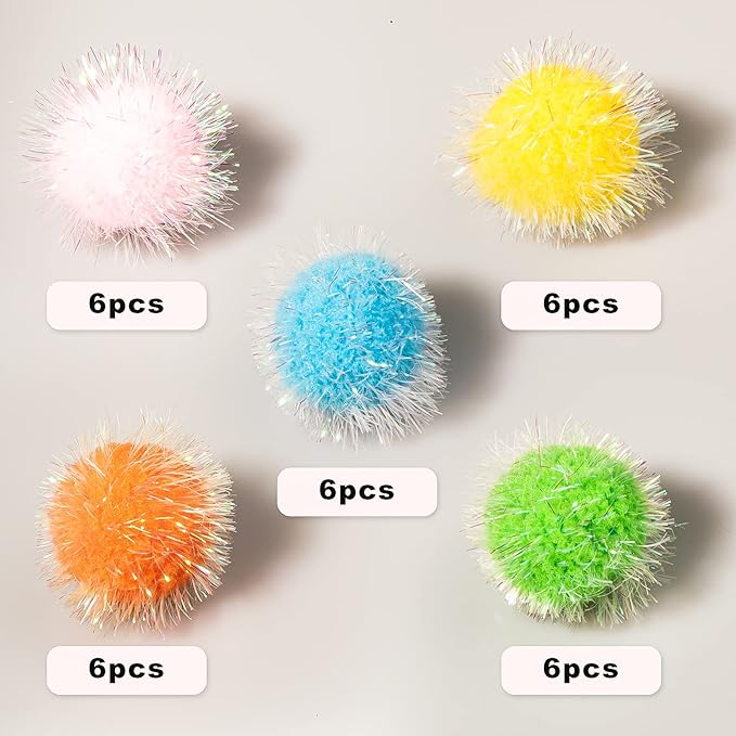VAPKER 30 Pcs Cat Toys - Extra Large 2 Inch Sparkle Balls, Cat's Favorite Chase Glitter Tinsel Pom Poms, Assorted Colors