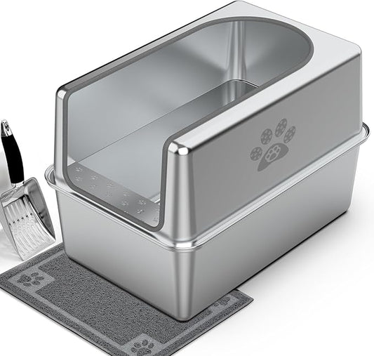 Enclosed Stainless Steel Cat Litter Box with Lid, XL Leak-Proof Metal Litter Box for Big Cats, Extra Large Cat Toilet with High Side, Press-Fit Design, Non-Stick, Odor-Free, with Litter Mat & Scoop