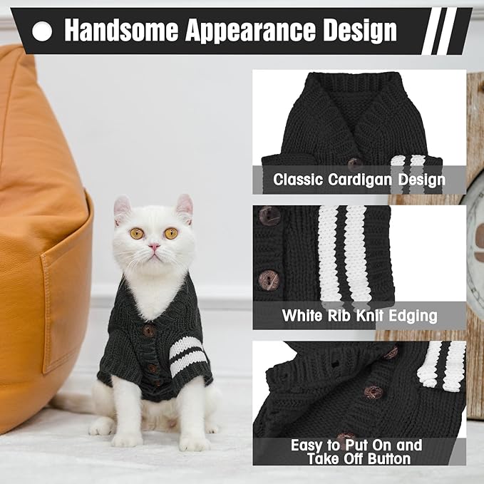 EXPAWLORER Cat Sweater Cardigan - Stylish Knitted Cat Clothes, British Style Soft Puppy Sweater with Sleeve Warm Pet Clothing Knitwear, Fall and Winter Kitten Coat for Girl Boy Cats, Black Medium