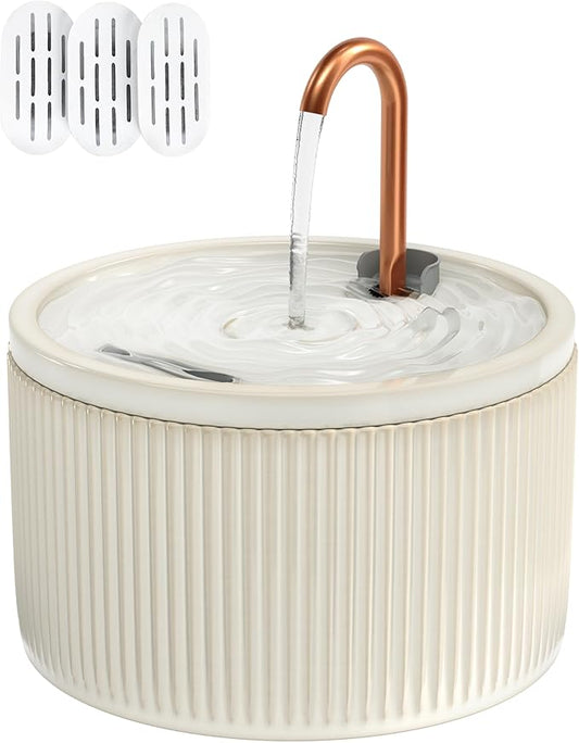 DOOOB Ceramic Cat Water Fountain, 2.1L/71oz Ceramic Cat Fountains, Automatic Pet Water Fountain for Cats, Pet Water Fountain with Ultra-Quiet Pump and 3 Filters & 3 Sponges (Beige)