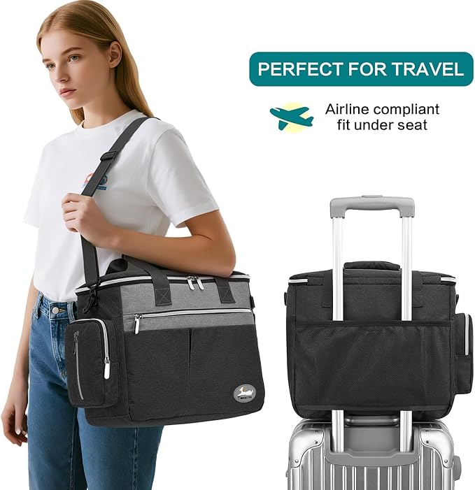 Dog Travel Bag for Pet Kit for Supplies with 2 Food Storage Containers 2 Collapsible Bowls 1 Feeding Mat 1 Dog Treat Pouch 7-Piece Set Perfect Road Trips Camping Weekend or Doggy Gift, Black