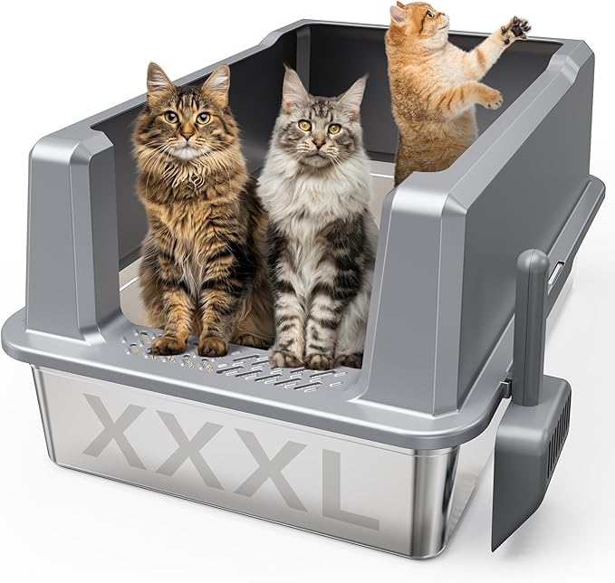 XXL Stainless Steel Cat Litter Box with Lid, Odorless XL Metal Box for Big Cats, Extra Large Kitty Litter Pan, Easy Clean Steel Box Anti-Leakage, Include Litter Scoop
