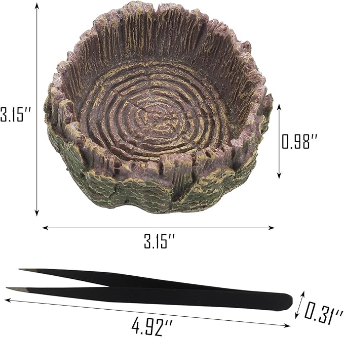 IBWell 2pcs Reptile Water Bowl with Feeding Tweezers - Food Dish for Lizard, Snake, Tortoise & Small Animals - Gray Tree Stump