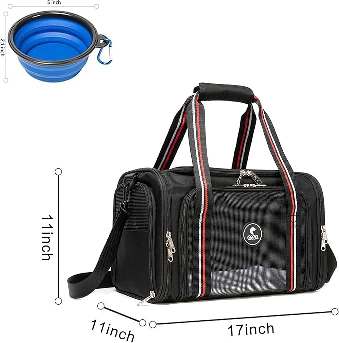 CAGA Soft-Sided Pet Carrier - Ventilated Foldable & Collapsible Under Seat Travel Kennel with Pockets for Small to Medium Dogs & Cats up to 15 lbs (Black)