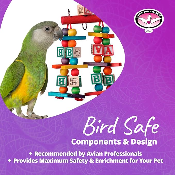 Super Bird Creations SB448 Katy's ABC Jr. Interactive Bird Toy - Durable Chew Toy, Non-Toxic Textured ABC Blocks, Safe 'Polly' Rope, Ideal for Parrots & Ringnecks - Medium Bird Size - 7" x 5" x 1.5"