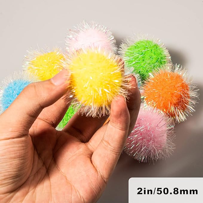 VAPKER 30 Pcs Cat Toys - Extra Large 2 Inch Sparkle Balls, Cat's Favorite Chase Glitter Tinsel Pom Poms, Assorted Colors