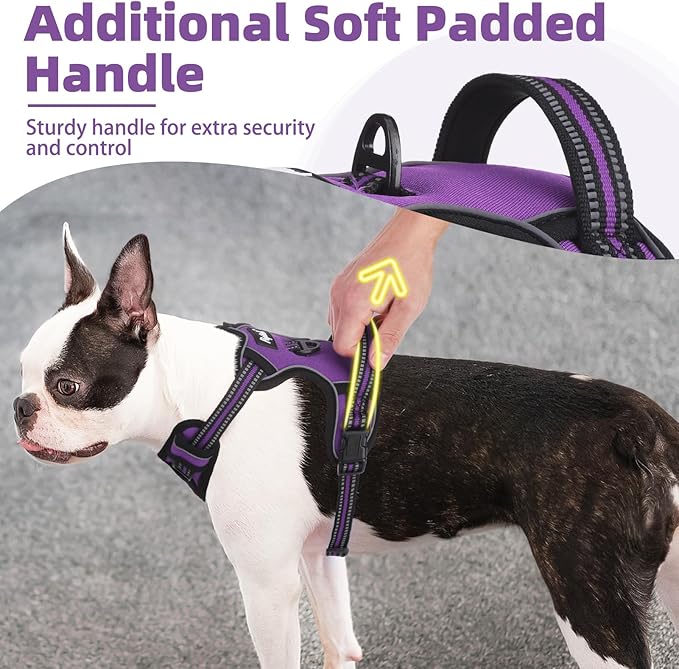 PUPTECK No Pull Dog Harness for Large, Adjustable Reflective Dog Harness with Handle Easy Control, Comfortable Soft Padded Pet Vest Harness for Large Dogs, Solid Purple L