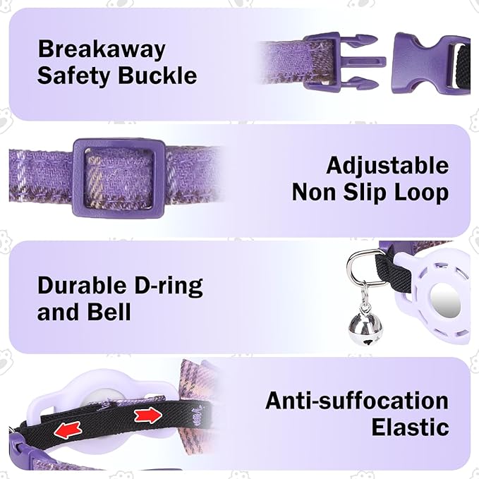 Airtag Cat Collar with Bells and Bowtie -Safety Elastic Band Kitten Collar for Apple Air Tag Holder- Cute GPS Cat Tracker Collars for Girl Boy Cats and Puppies, Adjustable 8"-12" Purple