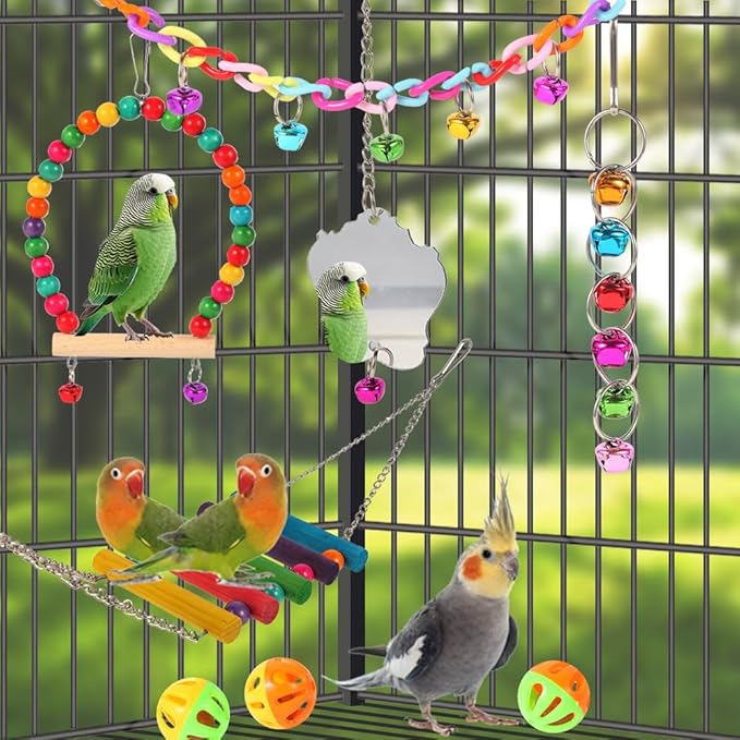 Bird Toys for Parakeets, Parrots, Conures, Cockatiels, Love Birds, Finches, Mynah, Budgerigar - 9Pcs Wooden Ladder Bridge, Swing, Hammock, Cage Accessories