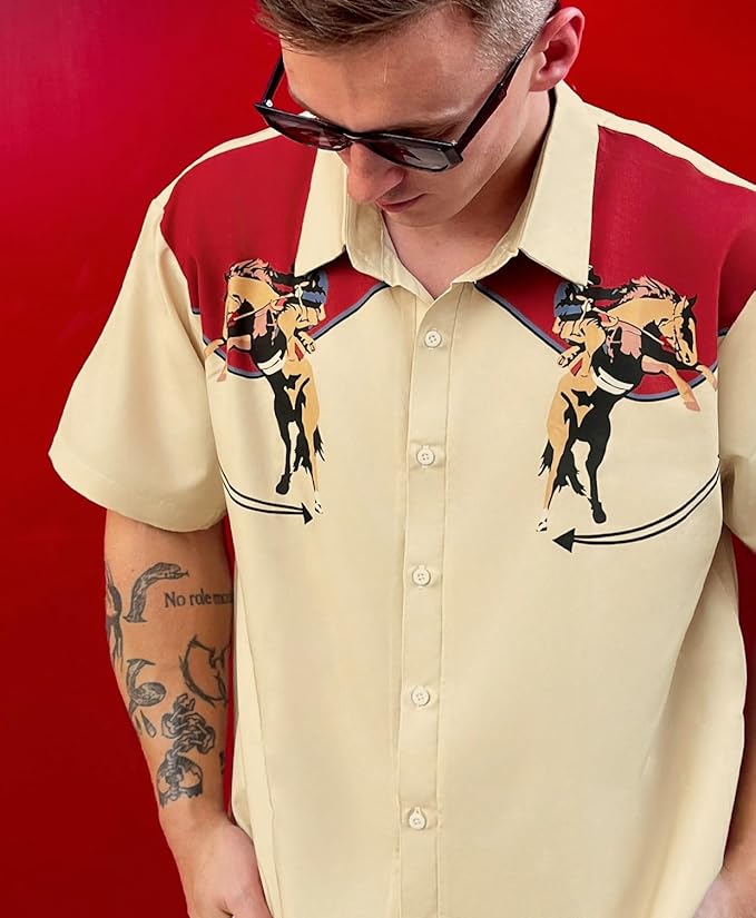 Men’s Hawaiian Shirt Western Cowboy Symmetrical Print Short Sleeve Button Down Casual Beach Holiday Summer Shirt