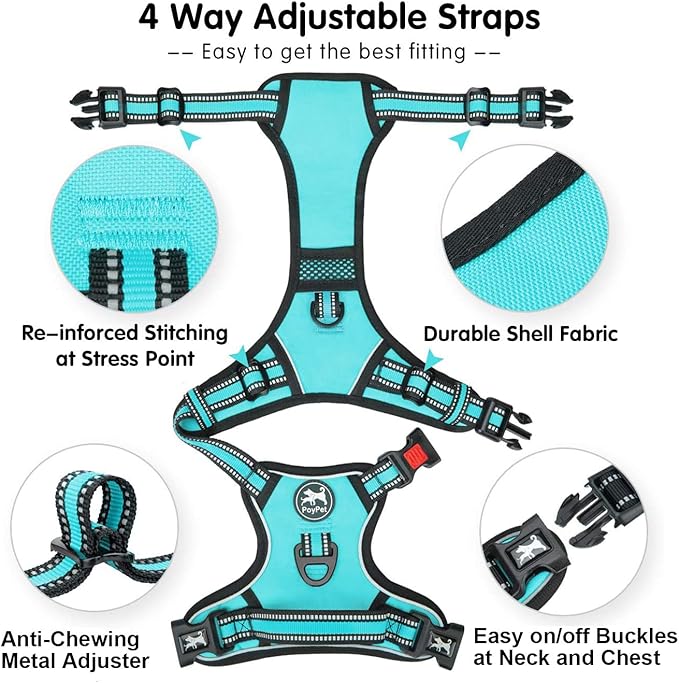 PoyPet No Pull Dog Harness, [Release on Neck] Reflective Adjustable No Choke Pet Vest with Front & Back 2 Leash Attachments(Mint Blue,XS)