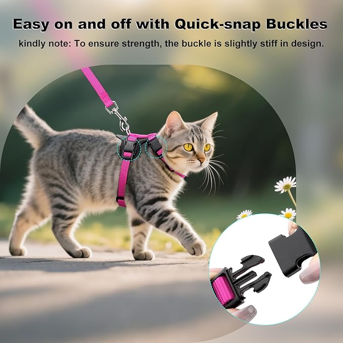 Plutus Pet Adjustable Cat Harness and Leash Set, Quick Release, Escape Proof Nylon Vest with Leather Trim for Kitten, Small Medium Large Cats, Hot Pink