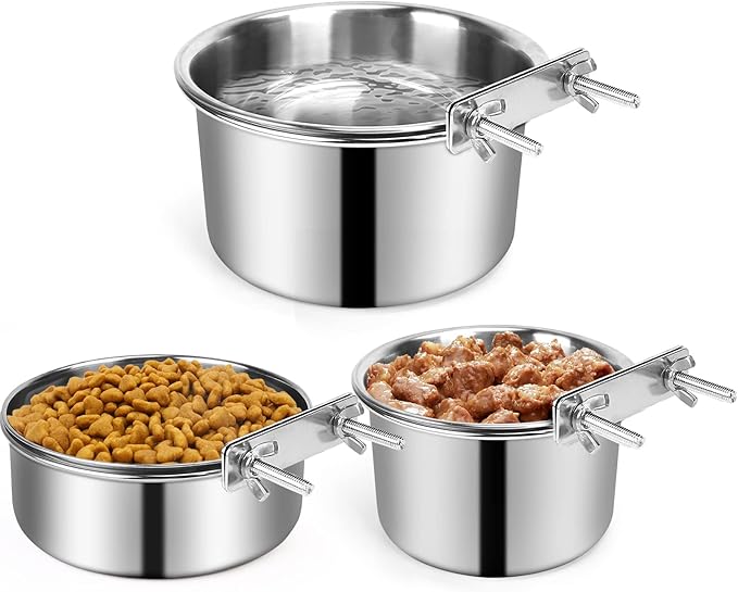 Dog Crate Water Bowl, 3 pcs Stainless Steel Dog Bowls, Durable Anti-Spill Pet Metal Bowl for Cage Kennel Crate, Hanging Water/Food Bowl for Medium & Large Dogs (7.1x3.5'' & 6.3x2.6'' & 5.5x3.1'')