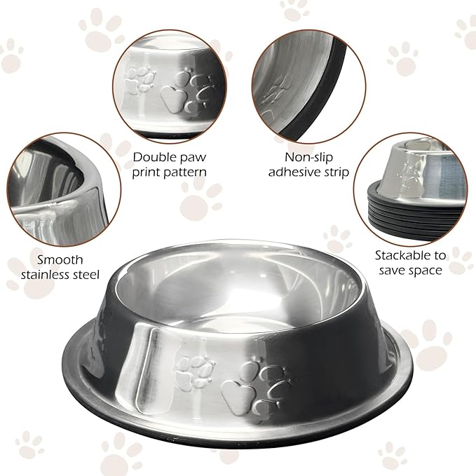 Fhiny 8Pcs Stainless Steel Dog Cat Bowl with Rubber Base Pet Food and Water Feeder Bowls Stackable Non-Slip Dish Plate for Small Medium Animals Puppy Kitten Rabbit-Two Paw Patterns