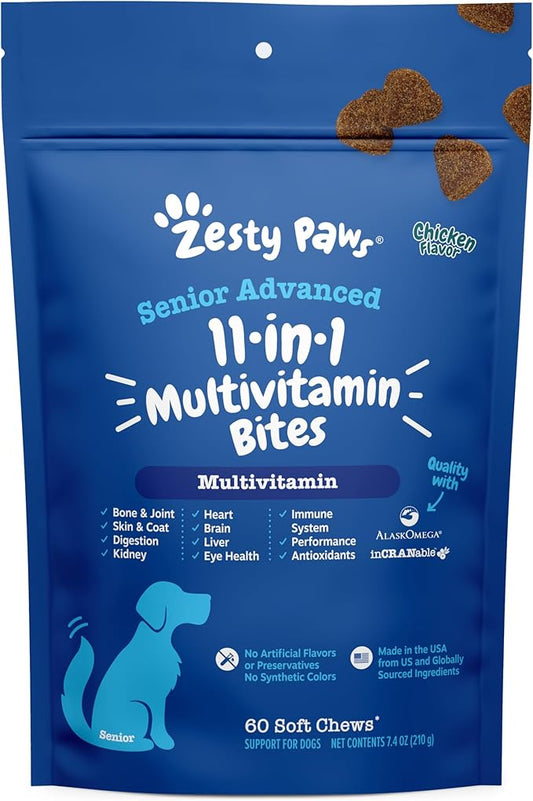 Zesty Paws Senior Dog Multivitamin Treats - Glucosamine for Dogs + Digestive Enzymes & Probiotics - Grain Free Dog Vitamins and Supplements for Skin & Coat + Immune Health Chicken - Advanced - 60ct