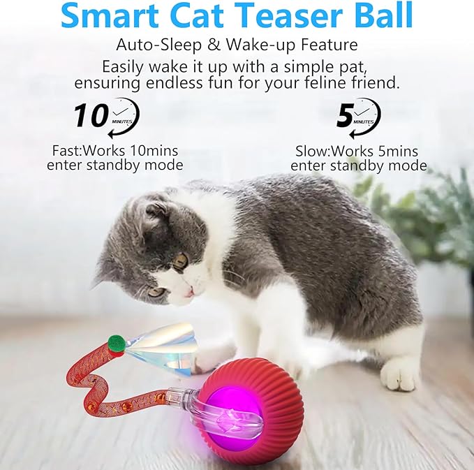 Interactive Cat Toys for Indoor Cats, 2025 New Generation Interactive Cat Ball Toy with Elastic Mesh Tail, Automatic Cat/Kitten Toys with Chirping & Motion Activate, Cat Toys for Bored Indoor(Red)