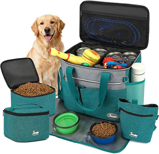 Dog Travel Bag for Pet Kit for Supplies with 2 Food Storage Containers 2 Collapsible Bowls 1 Feeding Mat 1 Dog Treat Pouch 7-Piece Set Perfect Road Trips Camping Weekend or Doggy Gift, Teal