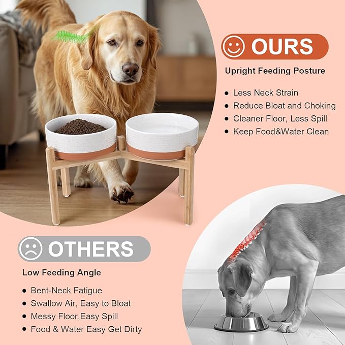 SPUNKYJUNKY Elevated Dog Bowls Ceramic, 8.3'' Dogs Food Water Bowls Raised with Non-Slip Bamboo Stand for Large Sized Breed Microwave Dishwasher Safe - 60 OZ,Pattern White