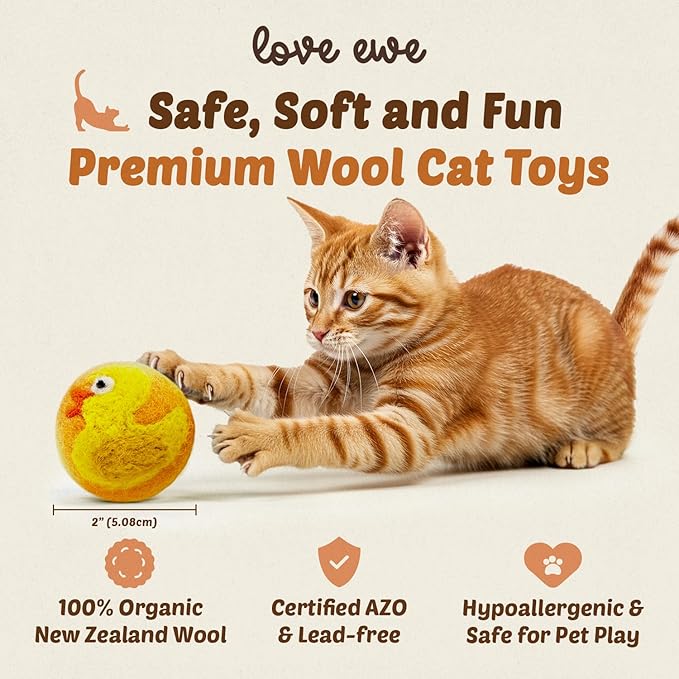 Hustle & Blush Wool Felt Balls - 3 Pack Love Ewe Pet Supplies – 2in Colorful & Durable Cat Toys Handmade from New Zealand, Ideal for Indoor Play and Mental Stimulation – Duck & Bunny Design