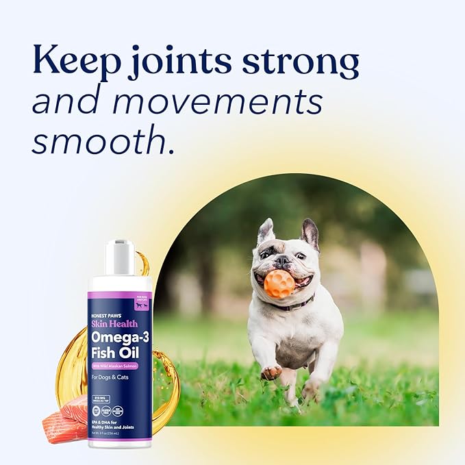 Honest Paws Wild Alaskan Salmon Oil for Dogs & Cats – Omega 3 Fish Oil Supplement for Skin, Coat, Joint & Heart Health – Natural, Sustainably Sourced, 8 oz