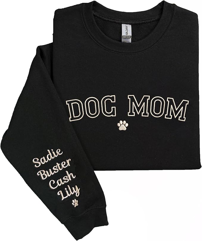 NAZENTI Custom Dog Mom Embroidered Sweatshirt with Pet Name on Sleeve, Fur Mama, Dog Lover Gifts