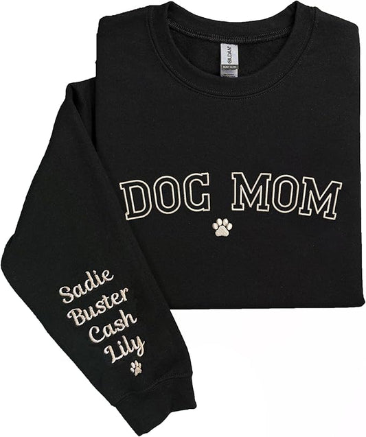 NAZENTI Custom Dog Mom Embroidered Sweatshirt with Pet Name on Sleeve, Fur Mama, Dog Lover Gifts