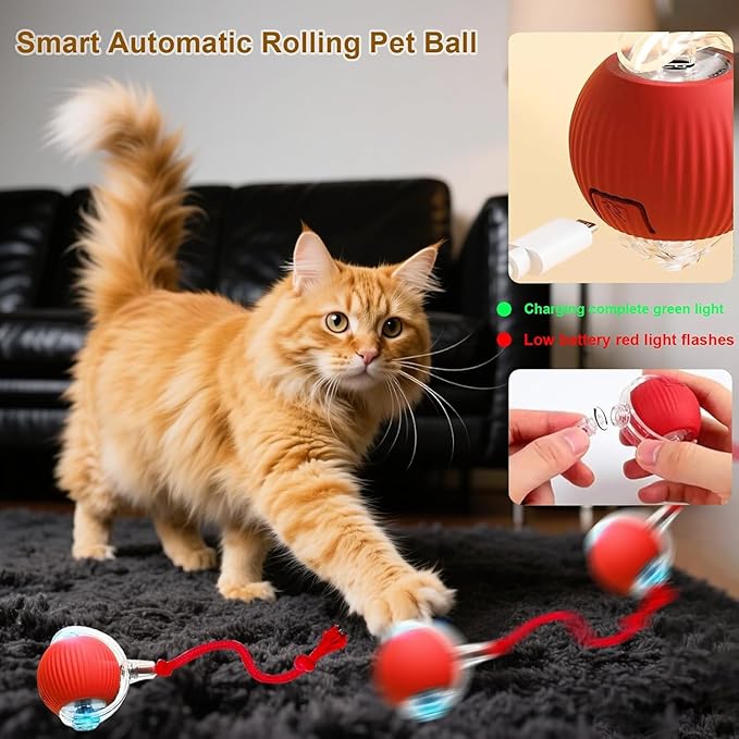 Interactive Cat Toy Ball, Smart Interactive Cat Toys, Smart Cat Toy for Enrichment, Motion Activated Automatic Cat Toys to Keep Them Busy (Red)