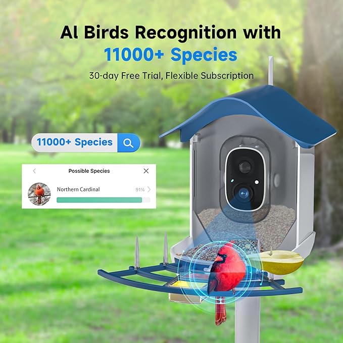 Smart Bird Feeder with Camera, 2K HD AI Identify Birds Species, Bir d Watching Camera with Solar Panel, Auto Capture Bird Videos & Instant Notifications, Ideal Present for Bir d Lover,Dark Blue