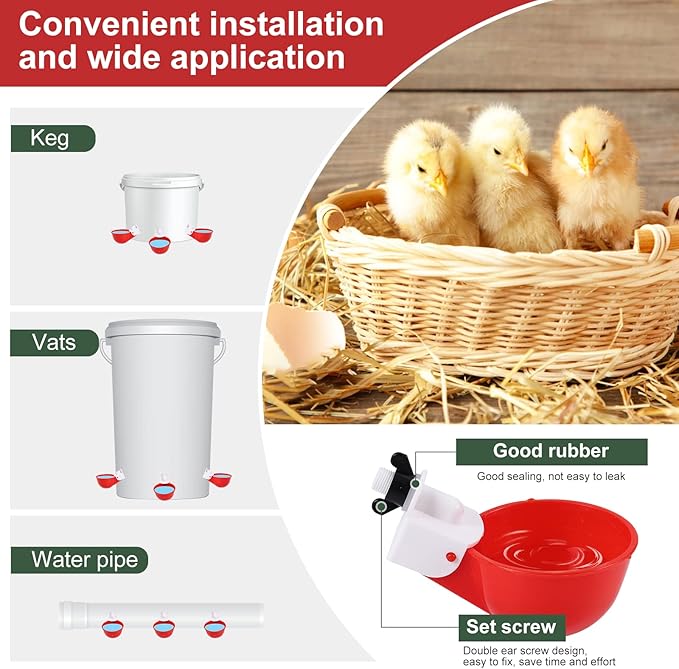 Chicken Waterer Cups (8 Pack/Red) - DIY Automatic Large Chicken Water Feeder for Ducks,Chicks, Turkeys, Quail, Bunny, Bird and Other Various Poultry Dispenser with Matching Drill