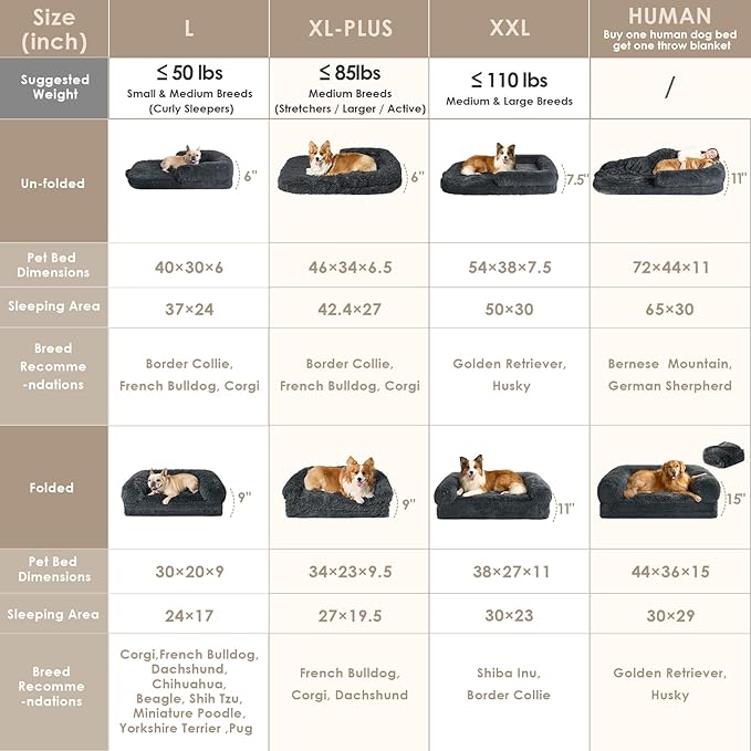 EHEYCIGA Foldable XL Dog Bed, Faux Fur Fluffy Pet Couch Bed for Large Dogs, Orthopedic Calming Memory Foam Big Pet Bed, Washable Soft Pet Sofa Bed with Non-Slip Bottom, Dark Grey, 46"x34"x6.5"