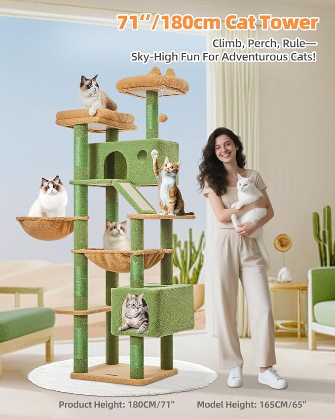 Taoqimiao Cactus Cat Tree, 71-Inch Cat Tower for Indoor Cats Large Adult, Multi-Level Large Cat Condo, 8 Sisal Scratching Posts, Metal Frame Cozy Hammock, Scratch Board, 2 Top Perches, MSC026L