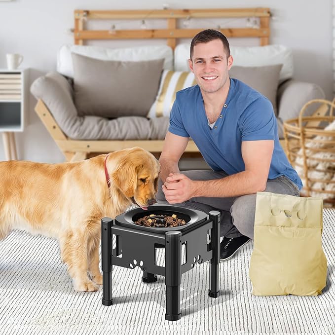 Lewondr Elevated Slow Feeder Dog Bowls, Raised Dog Food Bowls with 3 Heights (6.1", 7.7", 9.3") Adjustable Slow Feeder Bowl Non-Slip Bowl Stand for Medium Large Breed, Dishwasher Safe