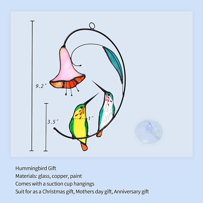 Lolitarcrafts Hummingbird with Flower Stained Glass Suncatcher Bird Stained Glass Window Hangings Hummingbird Gift for Home Decor (Green 1 Pair)