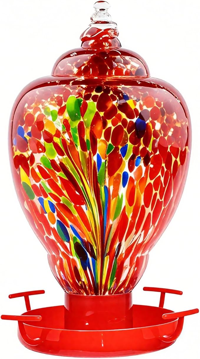 Colorful Glass Wild Bird Waterer 32 Oz Bird Water Feeder for Outdoors Garden Outside Water Cooler Tree Yard Decoration (Red-fire)