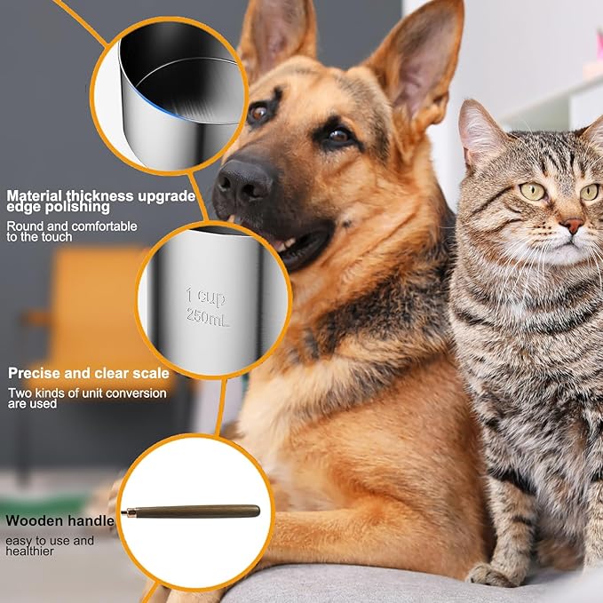 1 Cup Stainless Steel Dog Cat Food Measuring Scoop for Dry and Wet Food, Accurate Measurement for Rice, Flour, Grain (Long Handle Silver)