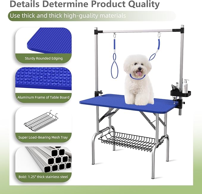 VFK 36''/47''Large Dog Grooming Table, Foldable Pet Station at Home, Dog Grooming Table,Adjustable Cat Drying Desktop with Arms, Nooses, Mesh Tray (Stainless Steel pet Table, 36" Blue)
